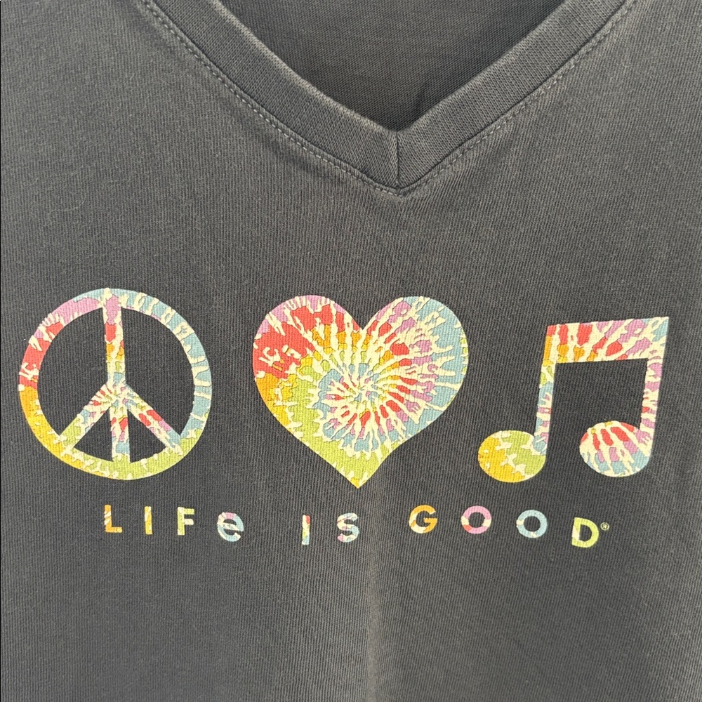 Life is Good Crusher Short Sleeve V-Neck T-Shirt Womens Large Peace, Love, Music - Picture 3 of 8